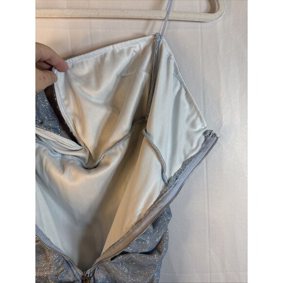 Fashion Nova Strapless Blue Silver Ruched Dress Size Large Preowned - Picture 9 of 11